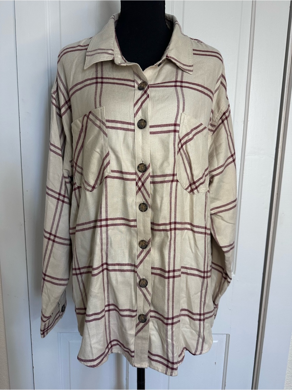 maurices XL Beige/Burgundy Plaid Woven Button-Front Collared Shirt Rayon Blend